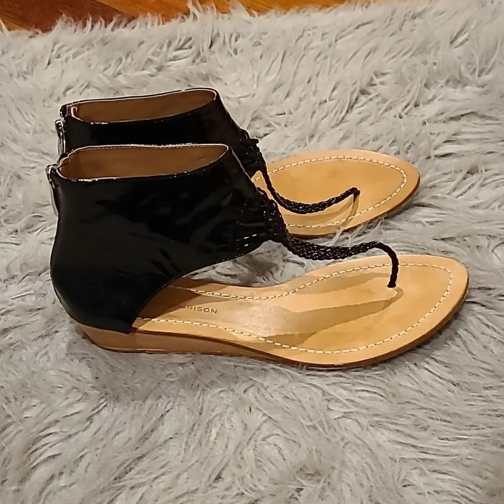 Sigerson Morrison womens black and tan thong saddles with zip back size 8 1/2 - Picture 6 of 8